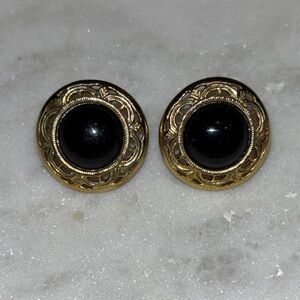 Monet Gold Tone Black Cabochon Filigree Stud Earrings Vintage Classic